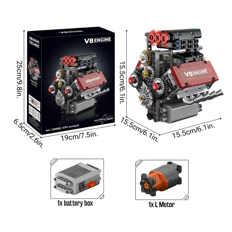 Motor V8 Motorizado 478 Peças | Blocos de Montar Mecânico | Enfeite de Carro | Presente para Adultos