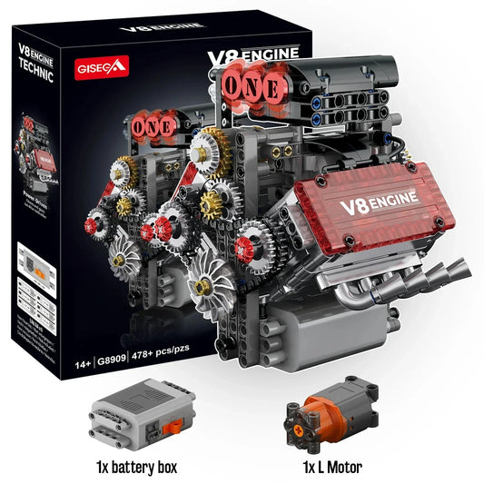 Motor V8 Motorizado 478 Peças | Blocos de Montar Mecânico | Enfeite de Carro | Presente para Adultos