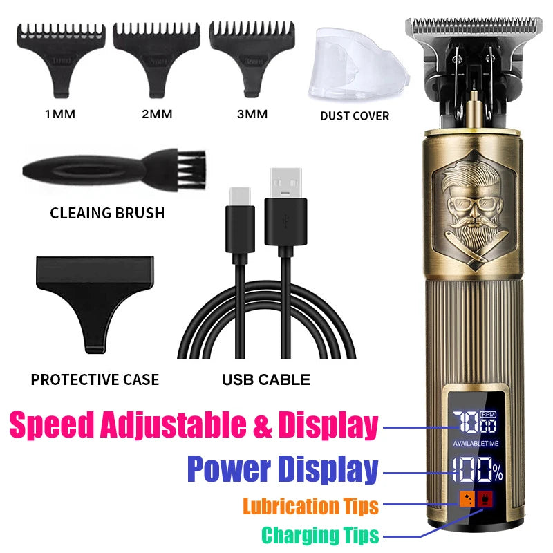 Máquina de Corte de Cabelo Profissional Recarregavel, Barbeador, Aparador de Cabelo em Metal para Homens