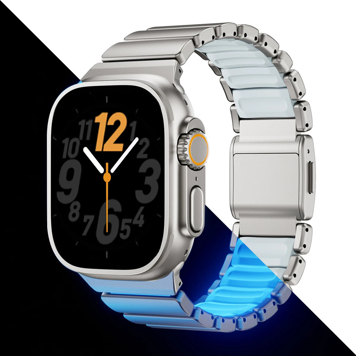 Pulseira Luminosa de Titânio para Apple Watch Ultra 3/2 49mm Series 11 10 46mm Pulseira de Metal iWatch 9 8 7 45mm SE3 44mm Silicone Magnético