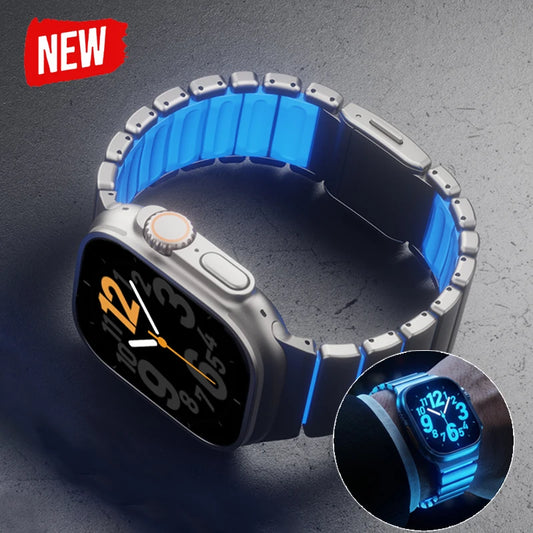 Pulseira Luminosa de Titânio para Apple Watch Ultra 3/2 49mm Series 11 10 46mm Pulseira de Metal iWatch 9 8 7 45mm SE3 44mm Silicone Magnético