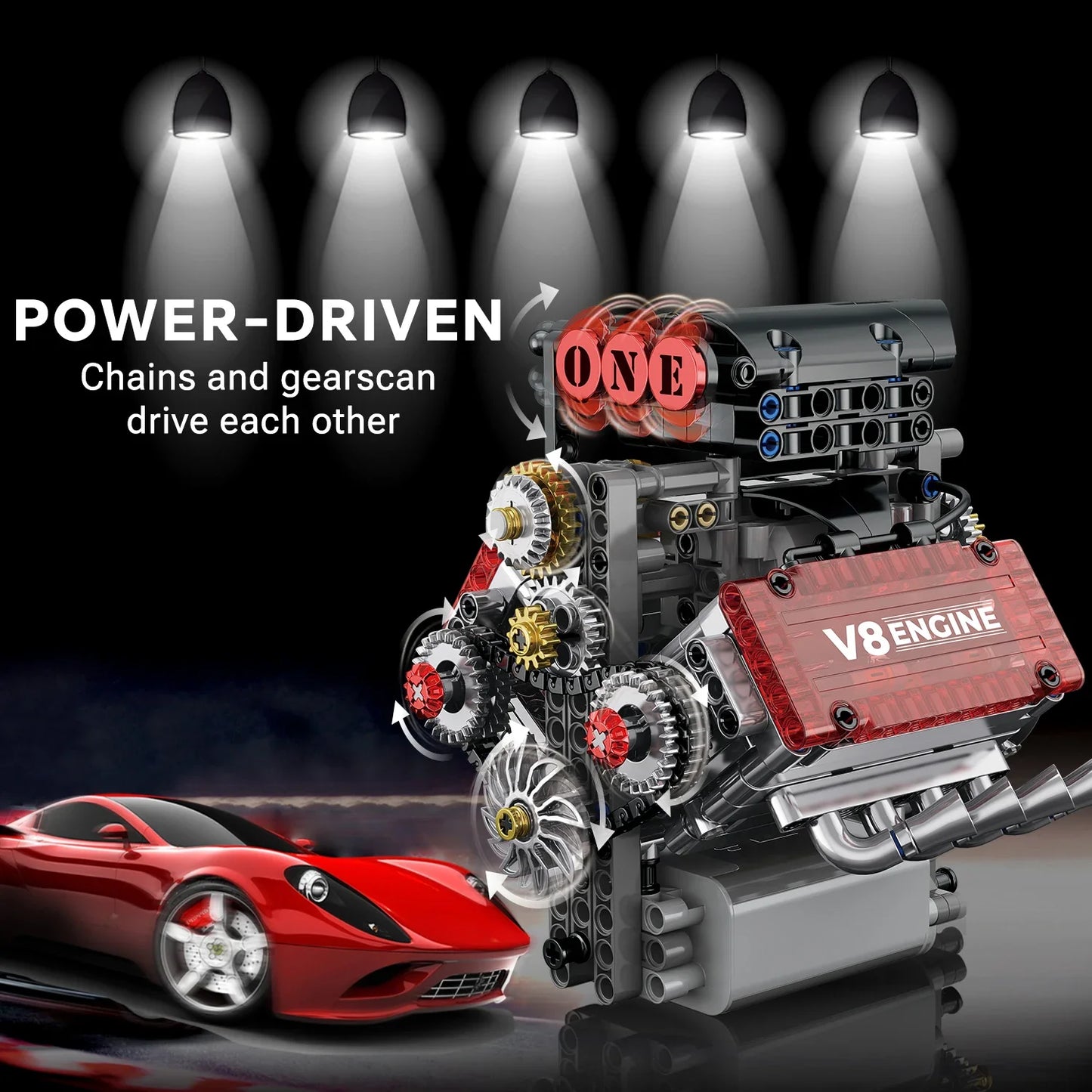 Motor V8 Motorizado 478 Peças | Blocos de Montar Mecânico | Enfeite de Carro | Presente para Adultos