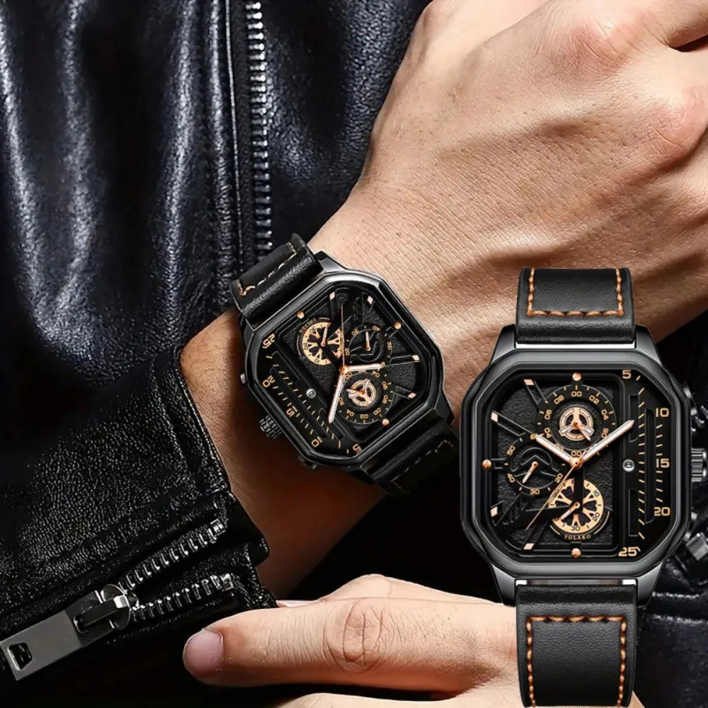 Relógio Masculino Quadrado com Pulseira de Couro PU – Estilo Casual e Esportivo