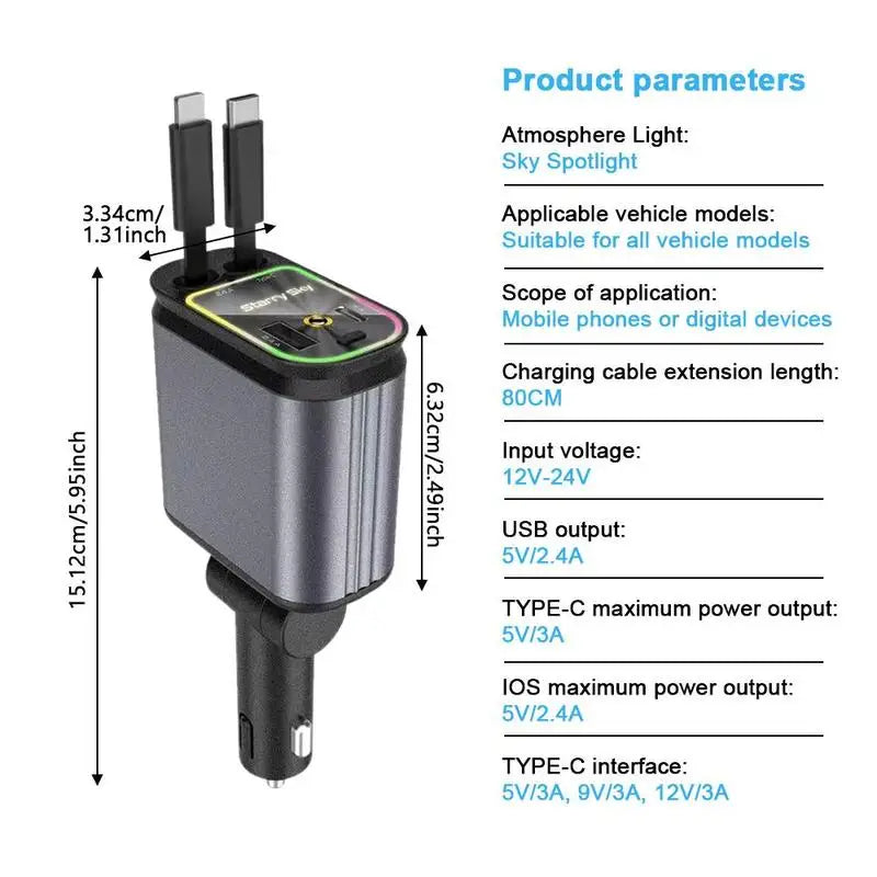 Carregador Veicular 4 em 1 com Luz Estrelada – Cabo Retrátil, 2 Portas e Carregamento Rápido 100W