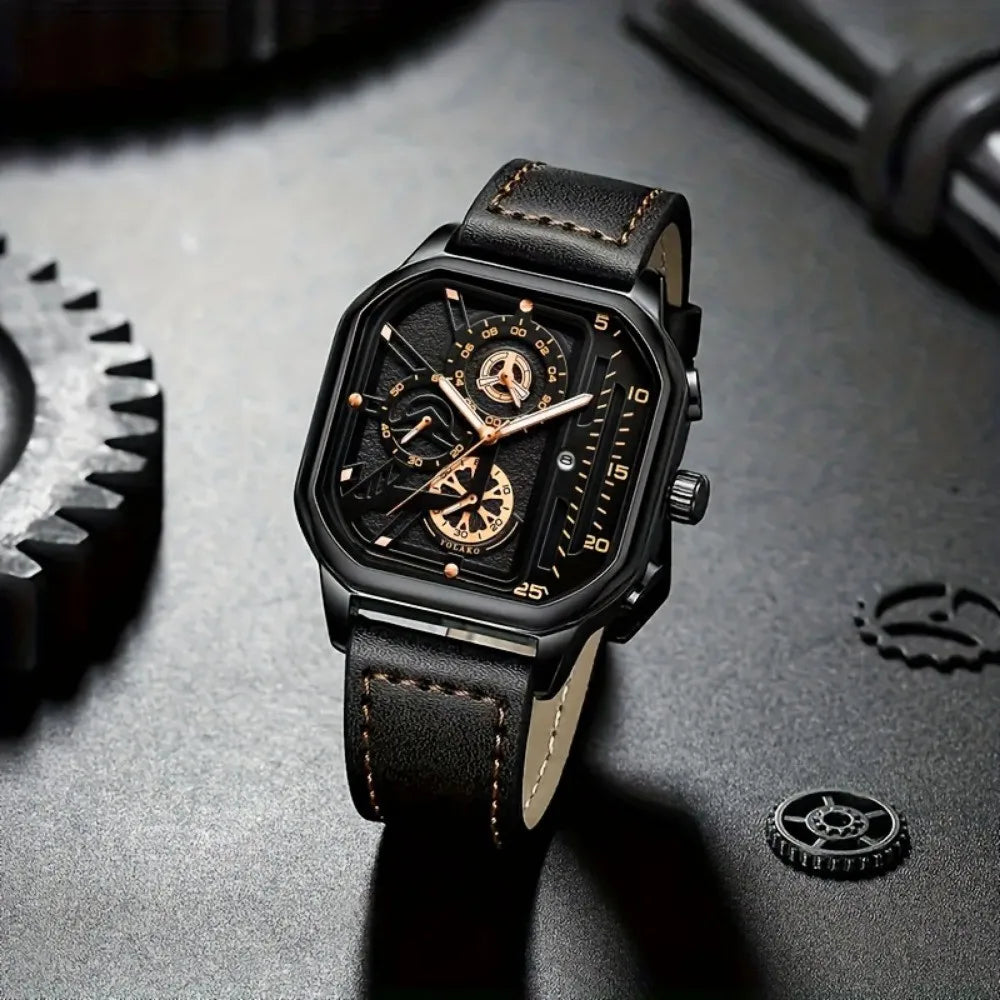 Relógio Masculino Quadrado com Pulseira de Couro PU – Estilo Casual e Esportivo