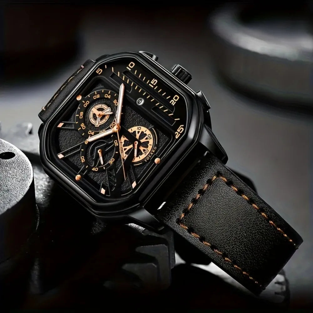 Relógio Masculino Quadrado com Pulseira de Couro PU – Estilo Casual e Esportivo