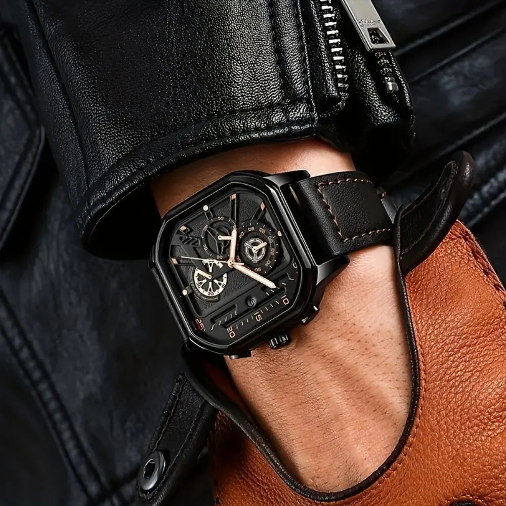 Relógio Masculino Quadrado com Pulseira de Couro PU – Estilo Casual e Esportivo