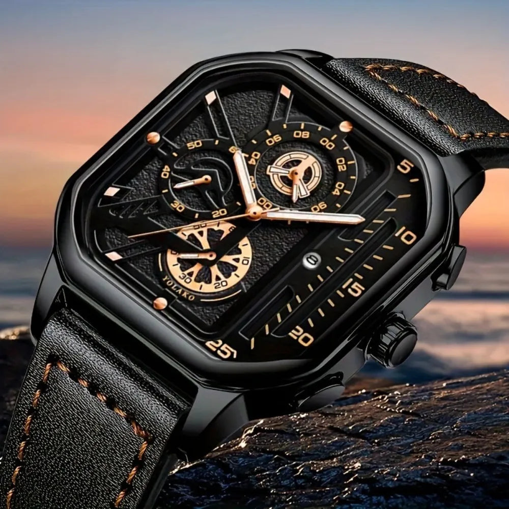 Relógio Masculino Quadrado com Pulseira de Couro PU – Estilo Casual e Esportivo