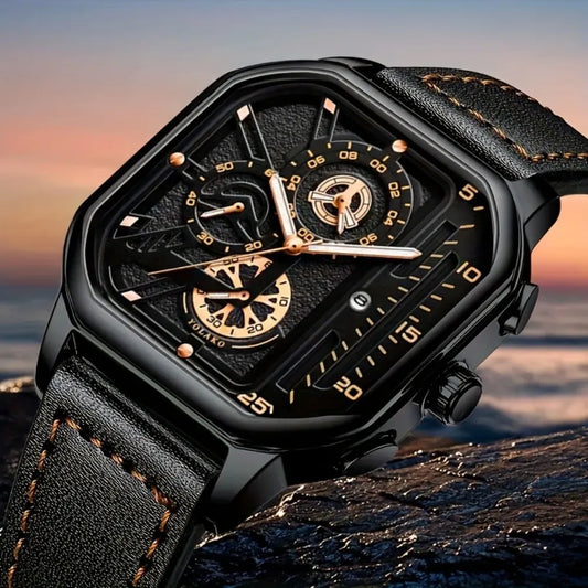 Relógio Masculino Quadrado com Pulseira de Couro PU – Estilo Casual e Esportivo