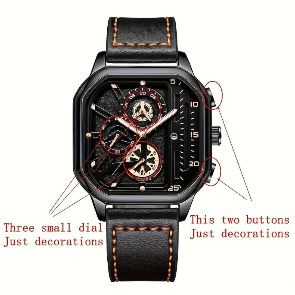 Relógio Masculino Quadrado com Pulseira de Couro PU – Estilo Casual e Esportivo